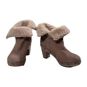 Hush Puppies Brown Ankle Booties US 8 Studded Stacked Heel Shearling Lined Strap